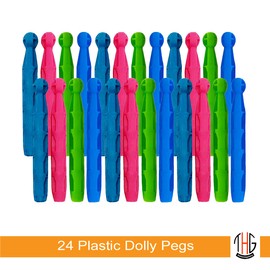 THG ® Dolly Pegs Assorted Coloured Strong and Reusable Plastic Indoor and Outdoor Heavy Duty Clothes Pegs for Washing Line for Crafting Hanging Decorations 24 Pack