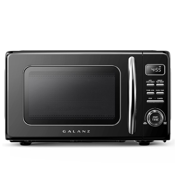 Galanz GLCMKZ09BKR09 Retro Countertop Microwave Oven with Auto Cook & Reheat, Defrost, Quick Start Functions, Easy Clean with Glass Turntable, Pull Handle, 0.9 cu ft, Black