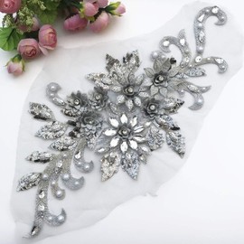 1938cm 3D Colorful Flower Mesh Embroidered Rhinestone Lace Beaded Applique with Sequins DIY Lace Fabric Trim for Clothes Accessories Hardware (Gray)