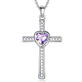 Jude Jewelers Stainless Steel Heart Shape Birthstone Cross Pendant Necklace (Feb-Amethyst)