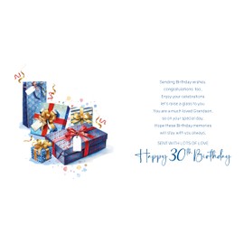 Cherry Orchard Luxury Grandson 30th Birthday Card with Stylish presents & balloons design,Blue Foil Border,complete with Envelope