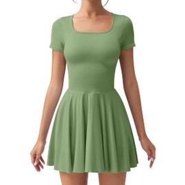 OQQ Women's Square Neck Ruffle Hem Mini Dress Summer Short Sleeve with Shorts Party Dresses Bamboo Green