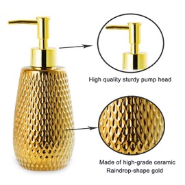 Gold Soap Dispenser, Ceramic Lotion Soap Dispenser for Bathroom, Kitchen, Hand Soap, Dish Soap, Rain Drop Shaped Bathroom Countertop (12 oz)