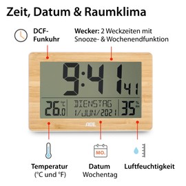 ADE Digital Radio-Controlled Clock with Very Large Numbers | Table Clock Wall Clock with 2 Alarm Times and Lighting | Thermometer Hygrometer | Narrow Frame in Matt Black