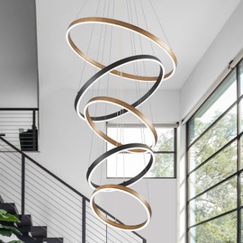 CaraLuxe LED 5-Ring Chandelier Dimmable Gold Chandelier Modern High Ceiling Foyer Chandelier Light Brass Circle Chandelier for High Ceiling Living Room,Dining Room,Entry with Remote Control,100W