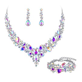BriLove Bridal Jewellery Set for Wedding Women Austrian Crystal Teardrop Cluster Statement Necklace Dangle Earrings Link Bracelet Iridescent AB Silver-Tone