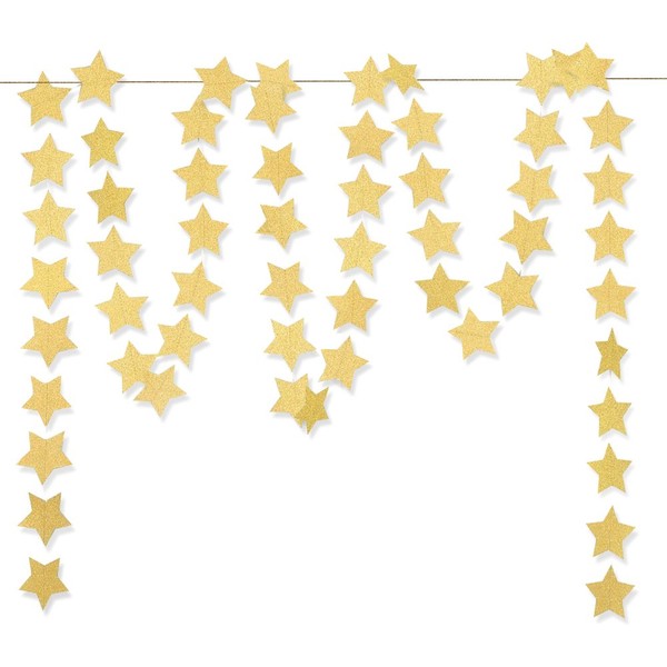 Glitter Gold Paper Star Hanging Garland - Twinkle Star Banner for Festival Home Wall Decoration, Birthday, Wedding Photo Booth Props, 2.8", Totally 23 ft/7m