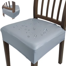 Soft Leather Chair Seat Covers Dining Chairs Set of 4, Waterproof Seat Covers for Kitchen High Stretch & Well-Fitted Chair Covers Dining Chairs with Elastic Ties (Grey, Rear-Covered)