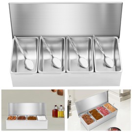Pizza Topping Station W/4 Pans, Spoon, and Lid, Stainless Steel Condiment Dispenser Food Server Container Countertop Spice Rack Organizer Holder for Seasoning Sauce Salad Jam Fruits Ingredients