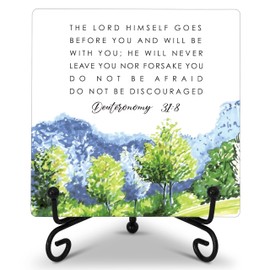 Inspirational Christian Desk Sign, The Lord Himself Goes Before You Religious Wooden Plaque Sign With Iron Stand, Motivational Baptism Gifts for Women, Bible Verse Sign Desk Decor for Farmhouse Home