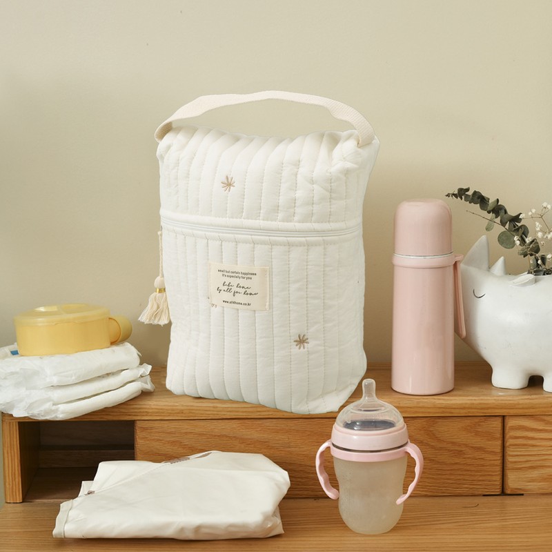 Cute Quilting Embroidered Pattern Diapers Bag Cotton Baby Stroller Zipper