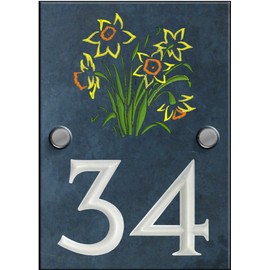 Engraved Slate House Number Sign Plaque with Hand Painted Motif - Bunch Daffs