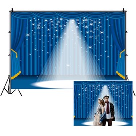 TTQYFNM 9x6ft Theater Stage Backdrop Blue Curtain Spotlight Shining Stars Photography Background for Drama Show Festival Celebration Birthday Party Adults Performance Portraits Photo Shoot Props