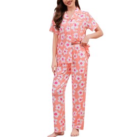 SWOMOG Women Pajama Sets Two-Piece Nightwear Short Sleeve Sleepwear Button Down Pj Lounge Sets with Long Pants
