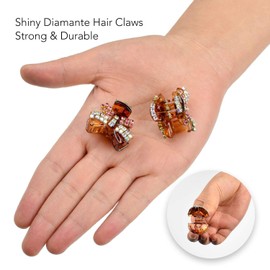 2 Pieces Shiny Mini Diamante Crystal Butterfly 1.18inch -3cm Hair Claw Clips Clamp, Tortoise Brown