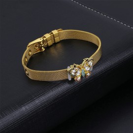 Flongo Mesh Bracelet Women's Bracelet with Zircon Butterfly Adjustable Width Stainless Steel Bracelet Adjustable Removable, Stainless Steel