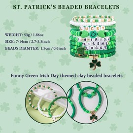 9Pcs St. Patrick's Day Bracelet Stackable, Green Shamrock Hat Charms Stretch Bracelet Elastic Clay Heishi Letter Beads Bracelet Irish Green Shamrock Bracelet Set Jewelry Gift for Party Carnival Parade