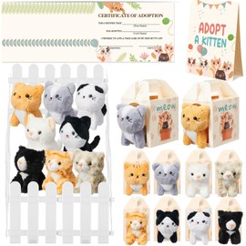 Skylety 81 Pcs Adopt a Pet Party Favors, 24 Mini Plush Stuffed Animals, 24 Adoption Boxes, 24 Adoption Certificate, 8 White Fences and 1 Display Sign for Adopt a Pet Birthday Party Supply Gift(Cat)