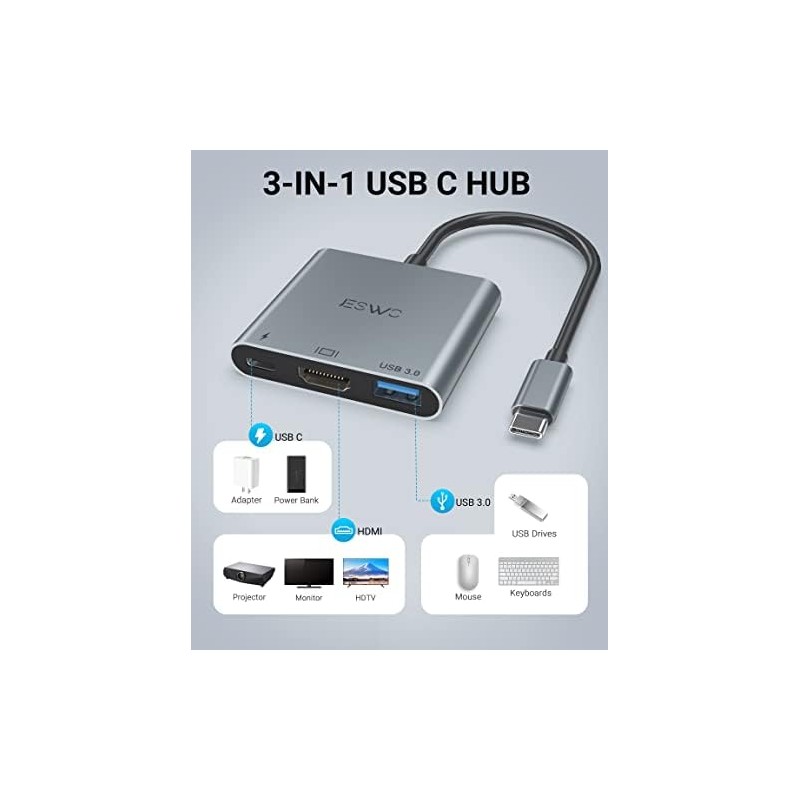 JESWO Adaptador USB C a HDMI, 3 en 1 Adaptador