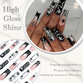 French Tip False Nails - Long Coffin Gothic Press On Nails with Accessory Tools, Black and Silver Fake with Star Cross Kitty Design, Removable Full Cover Stick On for Women Art