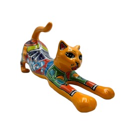 Talavera Cat Stretching Cute Mexican Pottery Folk Art Hand Painted Handmade Home Decor Indoor Outdoor Multicolor Length 14" (Yellow Multi)
