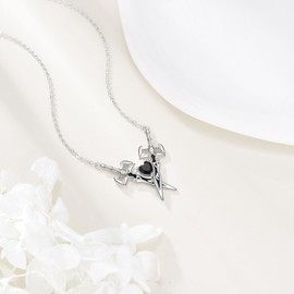 VONALA Gothic Double Swords Necklace 925 Sterling Silver Punk Dagger Black Pendant Necklace Jewelry Gifts for Women Men Unsex