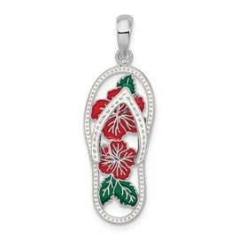Million Charms 925 Sterling Silver Nautical Sea Shore Charm, Polished Enameled Hibiscus Flower Flip-flop Pendant