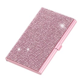 PATIKIL Small Business Card Holder, Alloy Name Card Holder Bling Pocket Card Holders Organizer Cards Display for Women Office Exhibition, Pink