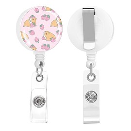 Badge Reels Retractable,Id Badge Holders Retractable,Badge Clips Retractable ID Card Holder for Teacher, Student, Office Worker(Pink Guinea Pig and Strawberry)