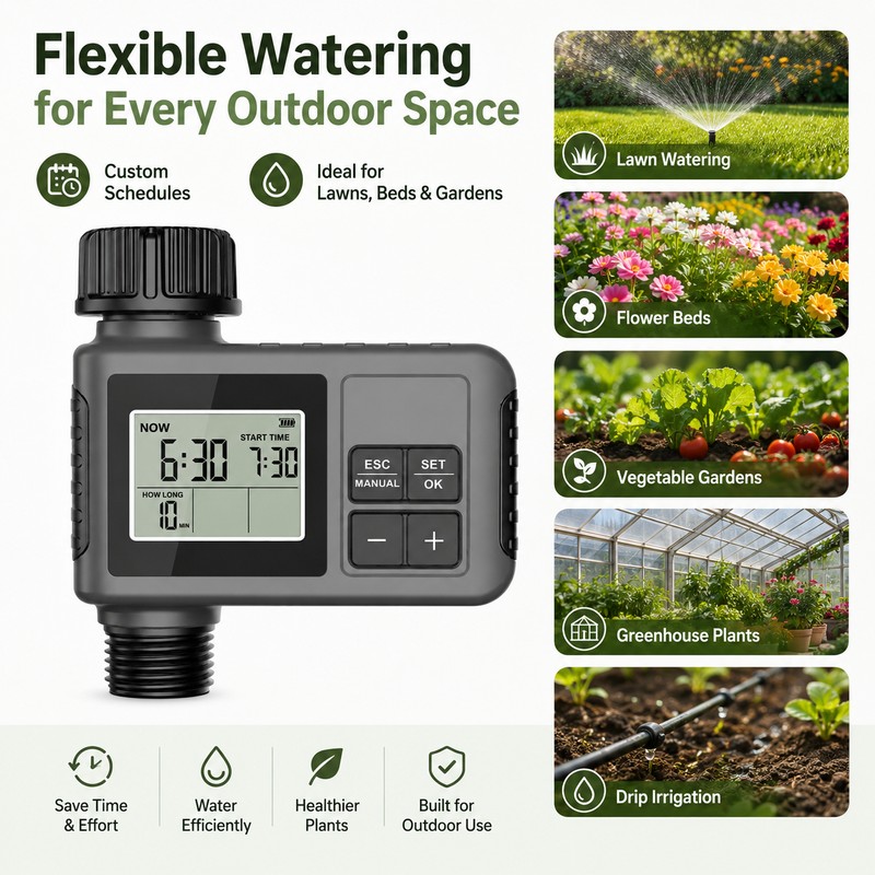 Automatic Water Timer for 2-Zone Garden Irrigation – IPX7 LCD