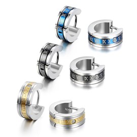 cupimatch 3 Paar Vintage Edelstahl Huggie Scharnier Creolen cz Piercing für Männer Frauen mit römischen numerischen Gravieren 4 mm