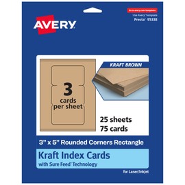 Avery Printable Rectangle Cards with Rounded Corners with Sure Feed Technology, 3" x 5", Kraft Brown Cardstock, Laser/Inkjet, 75 Total, Great for Index Cards and Recipe Cards