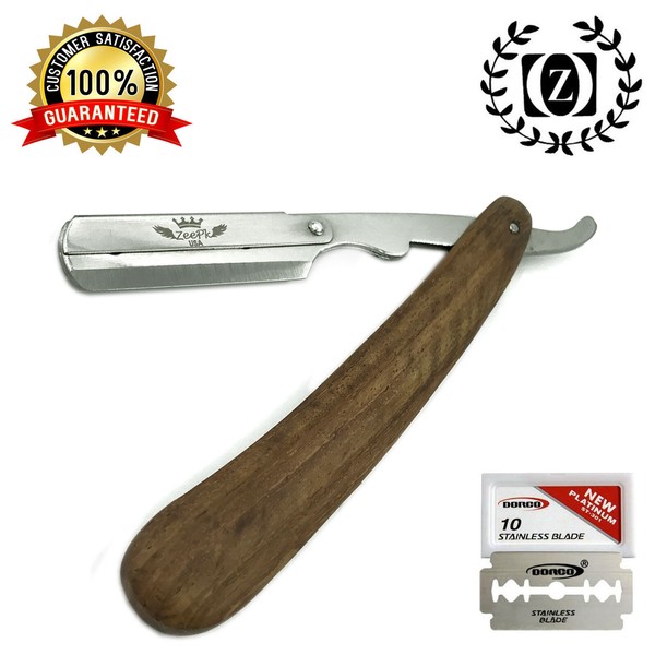 Zeepk Wood Handle Straight Razor Cut Throat Shavette Rasoir + 10 Shaving Blades