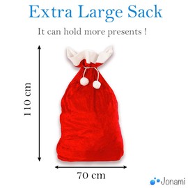 Jonami Santa Sack, 1 Extra Large Velvet Santa Bag for Storing, Holiday Presents, Stocking Stuffers. Traditional Red and White (70 x 110 cm)