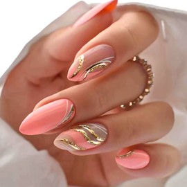 YOSOMK Press on Nails Medium Almond Fake Nails with Swirl Designs Glossy Stick on Artificial Nails Glitter Sequins Full Cover Pink False Nails for Women