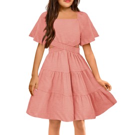 Arshiner Girls Coral Pink Dresses Square Neck Cut Out Shirred Party Cute Tween Dress Clothes