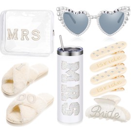 Shyyween 9 Pcs Bride to Be Gifts Set Include 20 oz Stainless Steel Tumbler, I Do Slippers, Makeup Bag, Claw Clip, Heart Sunglasses, 4 Tiny Hair Clip for Wedding Bridal Shower Bachelorette Party(White)
