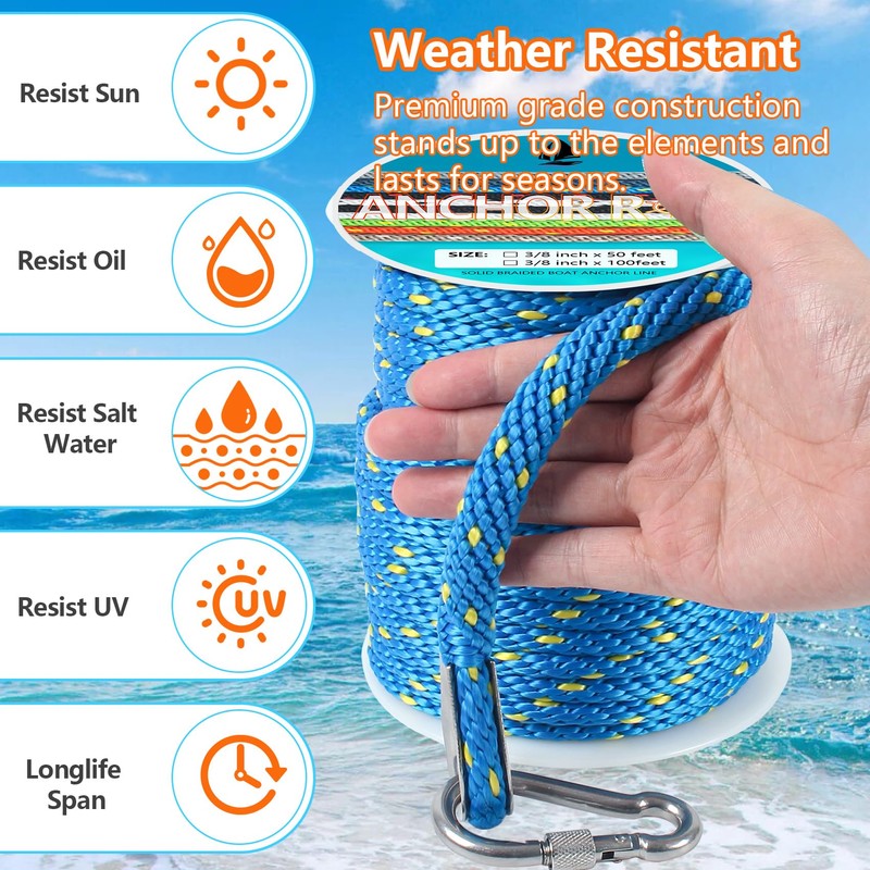 3/8 Inch 50 FT Anchor Rope, Boat Anchor Rope Solid
