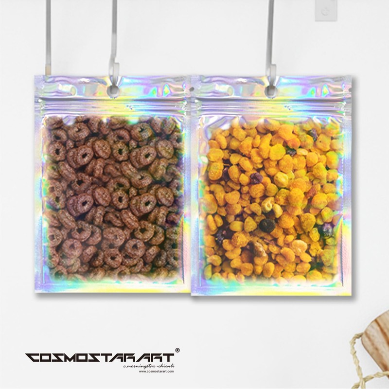 COSMOSTARART 100 Pack Holographic Resealable Bags, Clear Front Mylar Ziplock