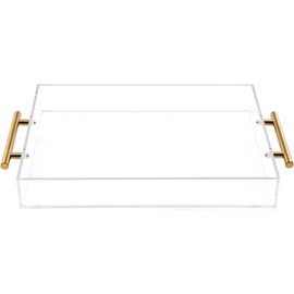 Clear Acrylic Serving Tray with Golden Handles 12"x16", Huge Capacity Sturdy Acrylic Tray for Coffee, Juice, Kitchen and Desk Organizer, Storage Tray