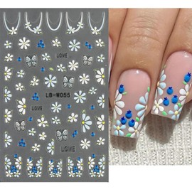 4 Sheets Daisy Nail Art Stickers 3D Self-Adhesive Designs Nails Decals Spring Summer Flower Nail Tips Sticker Cute French Tip Design Nail Decals Flowers Nail Decoration for Acrylic DIY Nails