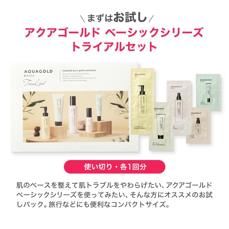 phiten(ファイテン) アクアゴールド ベーシック トライアルセット(クレンジングオイル4ml・フェイスウォッシュ1g・ローション2ml・セラム0.7ml・クリーム0.5g 計5点セット) お試し スキンケア エイジングケア 化粧品