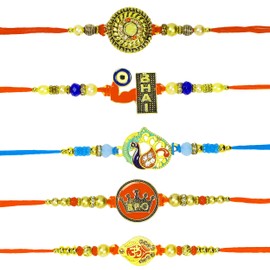 Raksha Bandhan Set of 5 Rakhi for Brother Bhai with Raksha Bandhan Greeting Card & Roli Chawal Tika | Peacock Rakhi for Brother | Om Bro Rakhi for Small Brother Bhaiya | Rakhi Thread MHNJ006