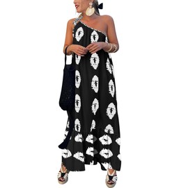 PRETTYGARDEN Women's Summer One Shoulder Maxi Dresses Printed Flowy Boho Beach Vacation Long Sundress (Black White Floral,Small)