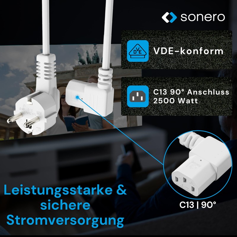 sonero Stromkabel Kaltgerätekabel 3 Polig, 2,0m, Schutzkontakt Schuko Stecker Netzstecker