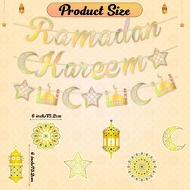 GoaePode Ramadan Mubarak Hanging Banner, Ramadan Kareem Eid Mubarak Hanging Decorations, Gold Star Moon Lantern Spiral Streamers for Islamic Celebrations and Mosque Hollowed-Out Party Supplies