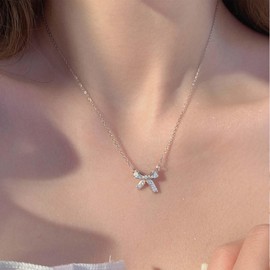 Yheakne Boho Crystal Bow Choker Necklace Cz Bow Pendant Necklace Rhinestone Bow Tie Necklace Silver Bowknot Collar Necklace Jewellery for Women (Silver)