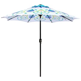 ABBLE 9 Ft Pattern Outdoor Patio Umbrella with Tilt and Crank, Weather Resistant, UV Protective Umbrella, Durable, 8 Sturdy Steel Ribs, Market Outdoor Table Umbrella - Green/White