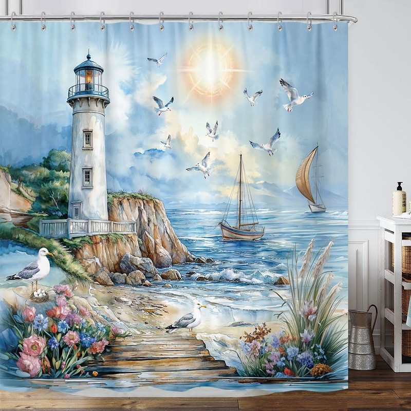 Nautical Coastal Lighthouse Shower Curtain, Boho Ocean Beach Lighthouse Seascape