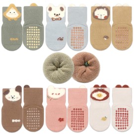 Exemaba 6 Pairs Baby Non-Slip Socks Thick Toddler Warm Winter Socks Stopper Socks ABS Non-Slip Socks for Boys Girls, beige tomato